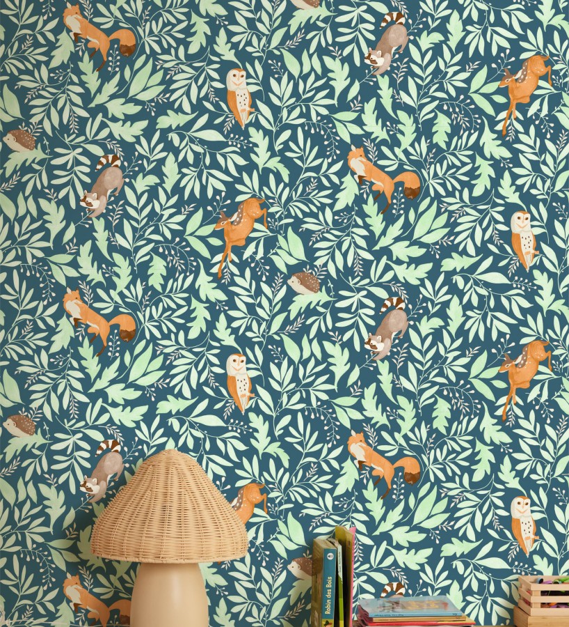 Papel pintado infantil de ciervos erizos mapaches y búhos  Robin Chirpy 684567