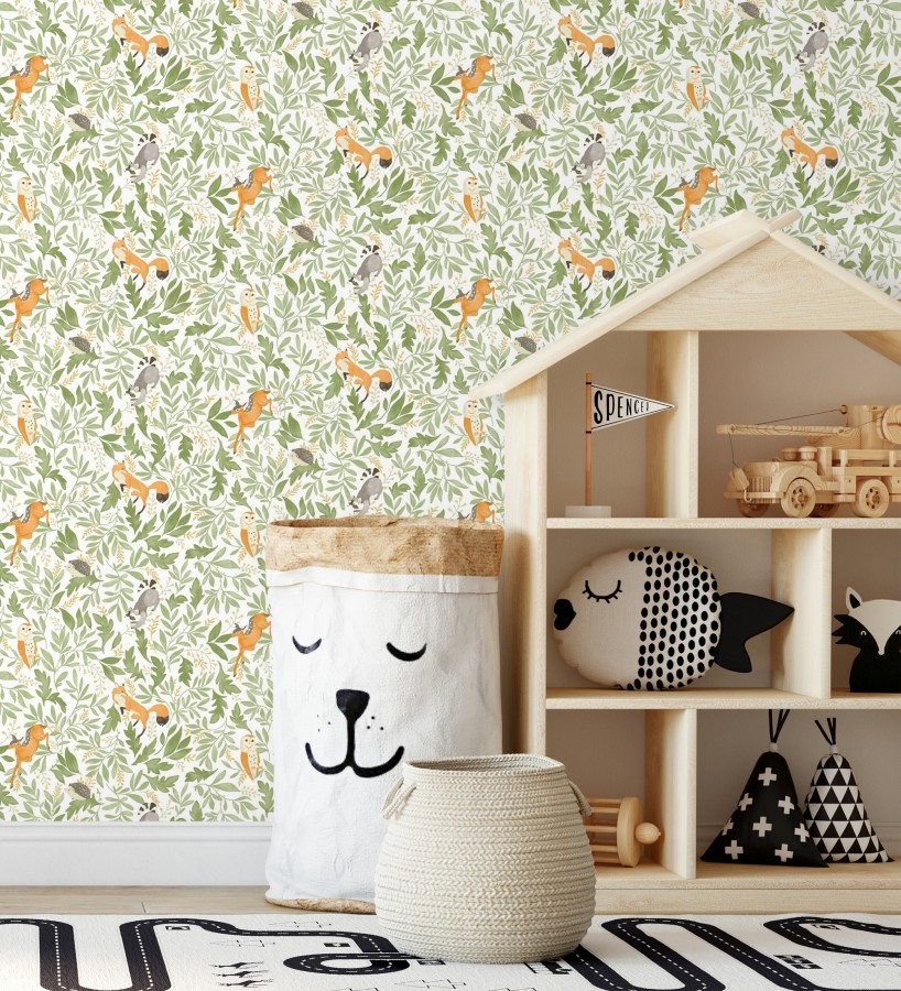 Papel pintado infantil de ciervos erizos mapaches y búhos  Robin Chirpy 684569