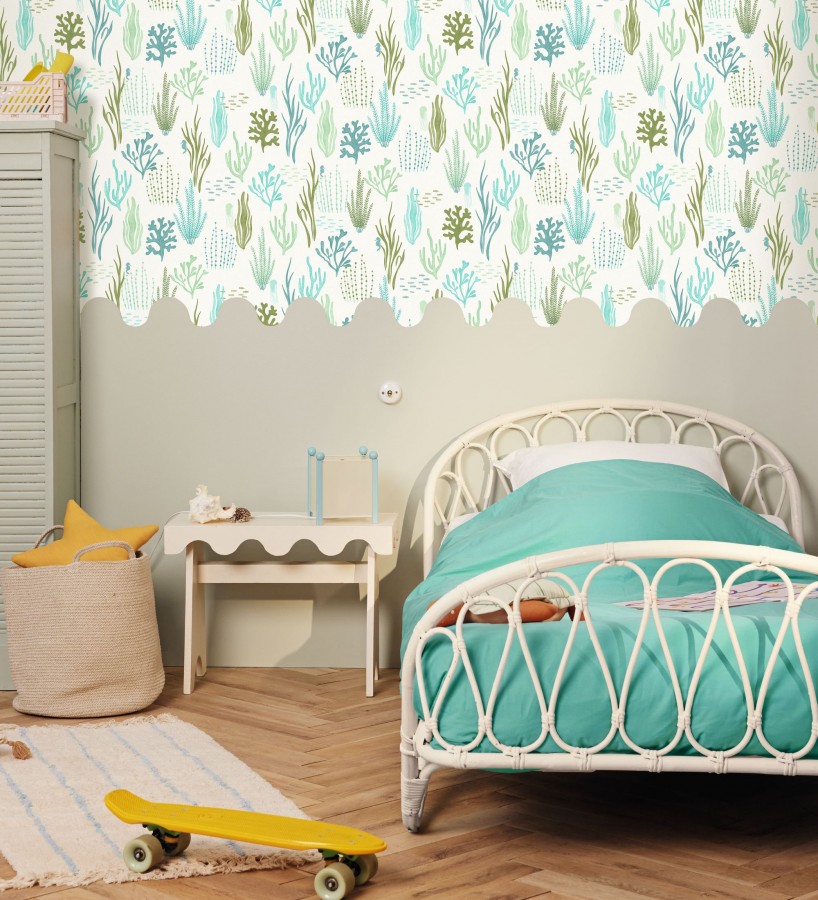 Papel pintado arrecife coralino tonos verdes y azules  Coraline Vivid 684571