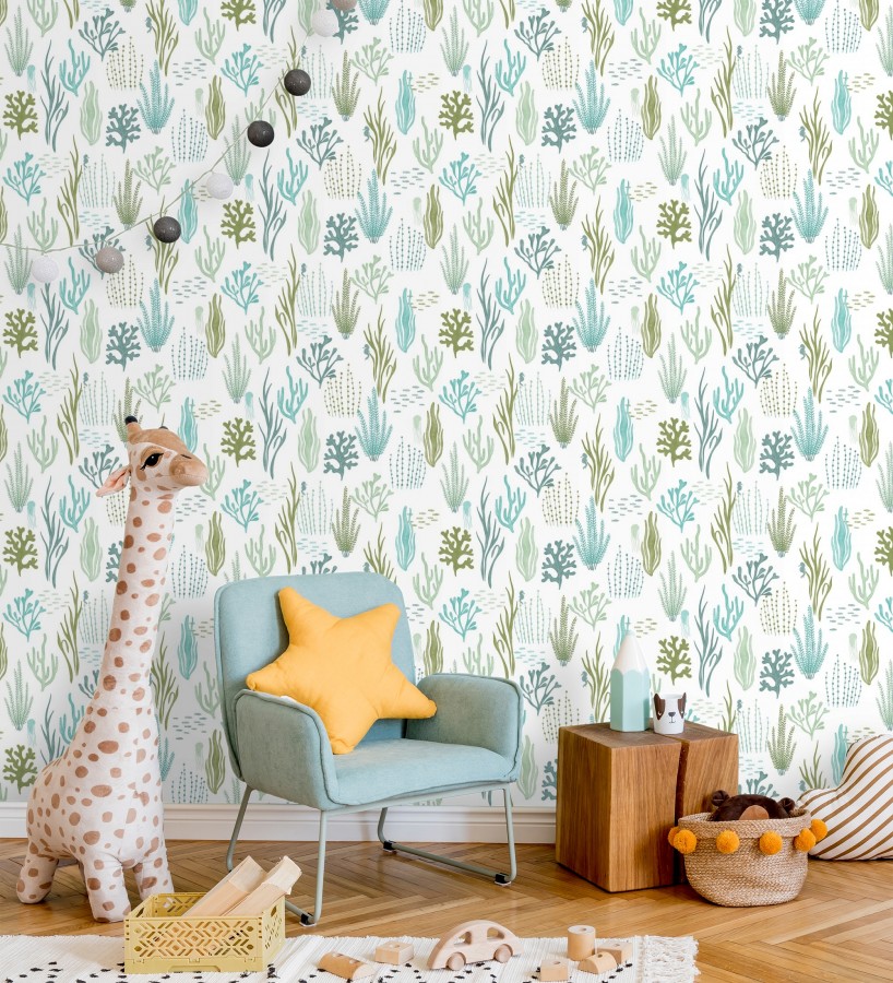 Papel pintado arrecife coralino tonos verdes y azules  Coraline Vivid 684571