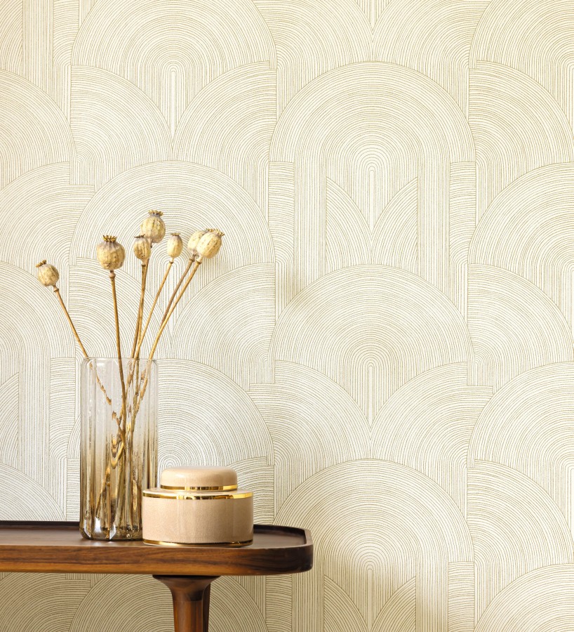 Papel pintado arcos art déco líneas doradas fondo blanco  Bombay Graphic 684577