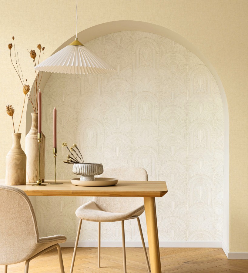 Papel pintado arcos art déco líneas doradas fondo blanco  Bombay Graphic 684577