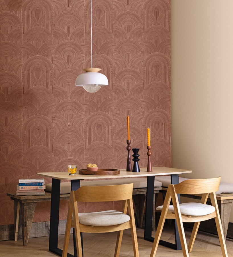 Papel pintado arcos art déco líneas doradas fondo rojo burdeos   Bombay Graphic 684578