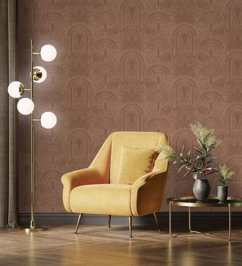 Papel pintado arcos art déco líneas doradas fondo rojo burdeos   Bombay Graphic 684578