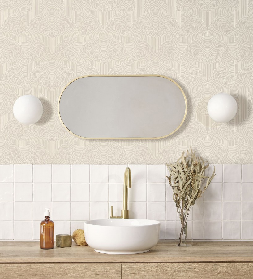 Papel pintado arcos art déco líneas blancas fondo beige neutro   Bombay Graphic 684579