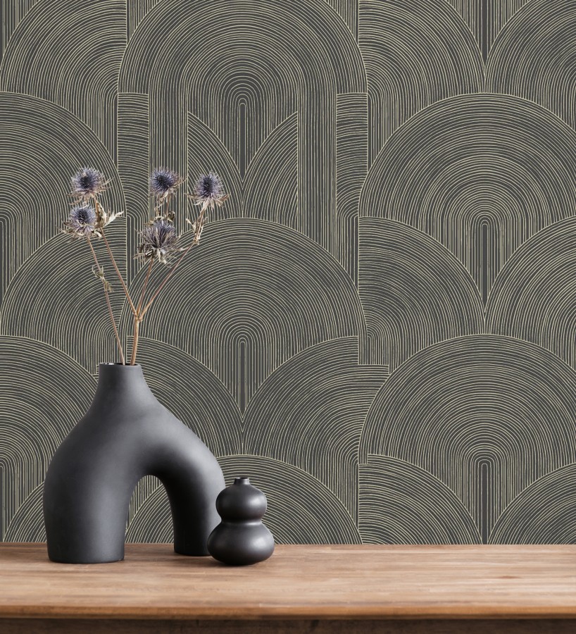 Papel pintado arcos art déco líneas doradas fondo negro  Bombay Graphic 684580