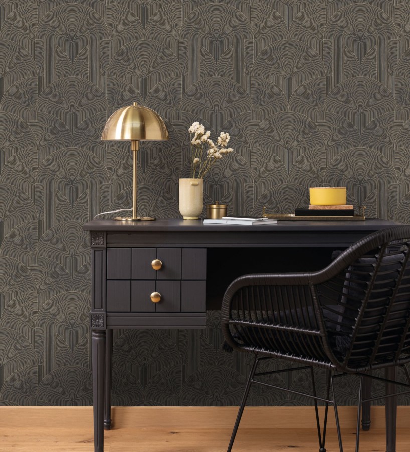 Papel pintado arcos art déco líneas doradas fondo negro  Bombay Graphic 684580