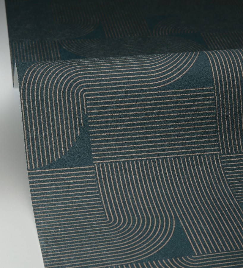 Papel pintado laberinto abstracto de líneas dorada fondo azul  Leipzig Technical 684582