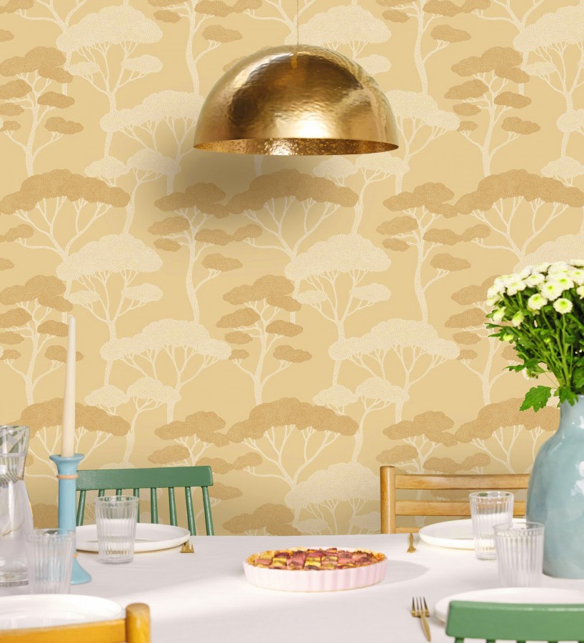 Papel pintado árboles zen minimalista tonos ocre y blanco  Shimane Bonsai 684586