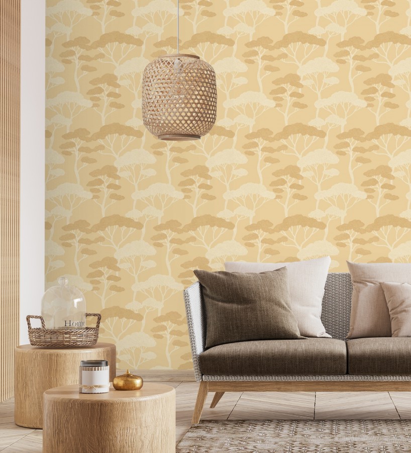 Papel pintado árboles zen minimalista tonos ocre y blanco  Shimane Bonsai 684586