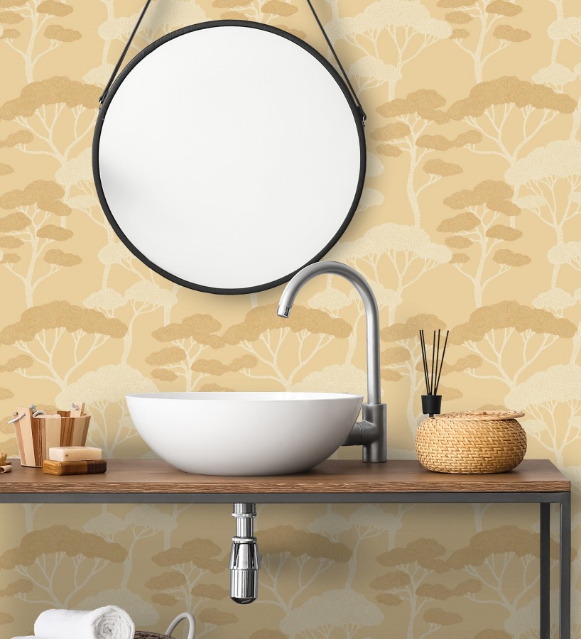 Papel pintado árboles zen minimalista tonos ocre y blanco  Shimane Bonsai 684586