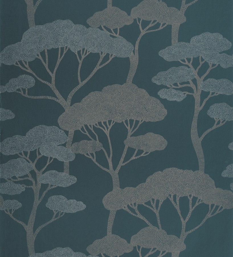 Papel pintado árboles zen dorados minimalista fondo azul noche  Shimane Bonsai 684587