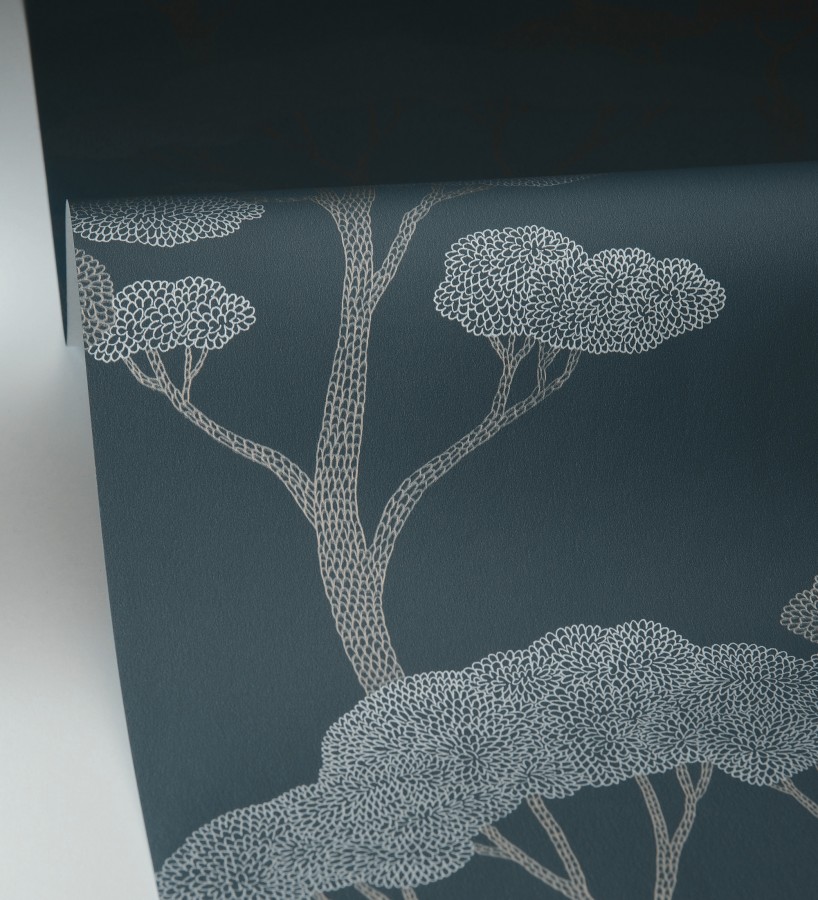 Papel pintado árboles zen dorados minimalista fondo azul noche  Shimane Bonsai 684587