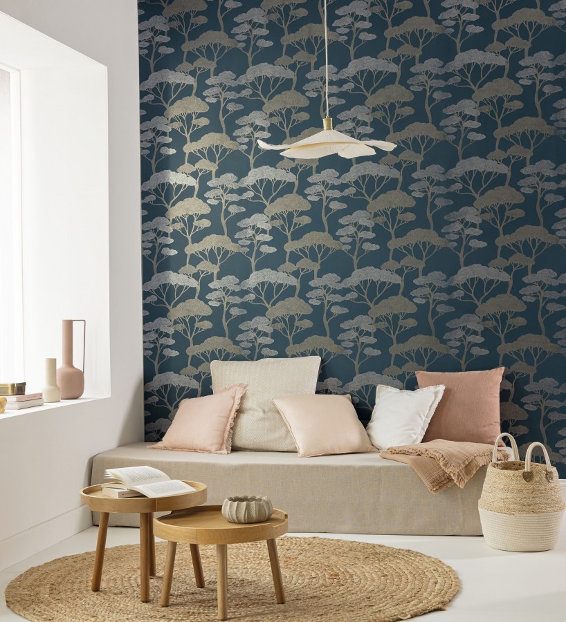 Papel pintado árboles zen dorados minimalista fondo azul noche  Shimane Bonsai 684587