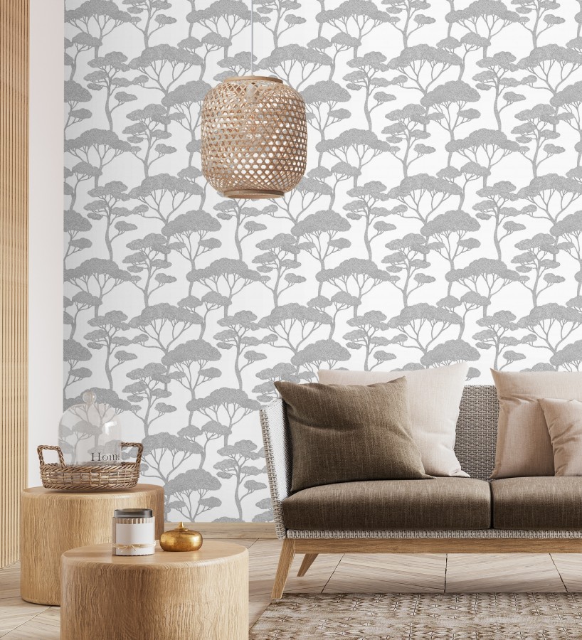 Papel pintado árboles zen negros minimalista fondo blanco  Shimane Bonsai 684588