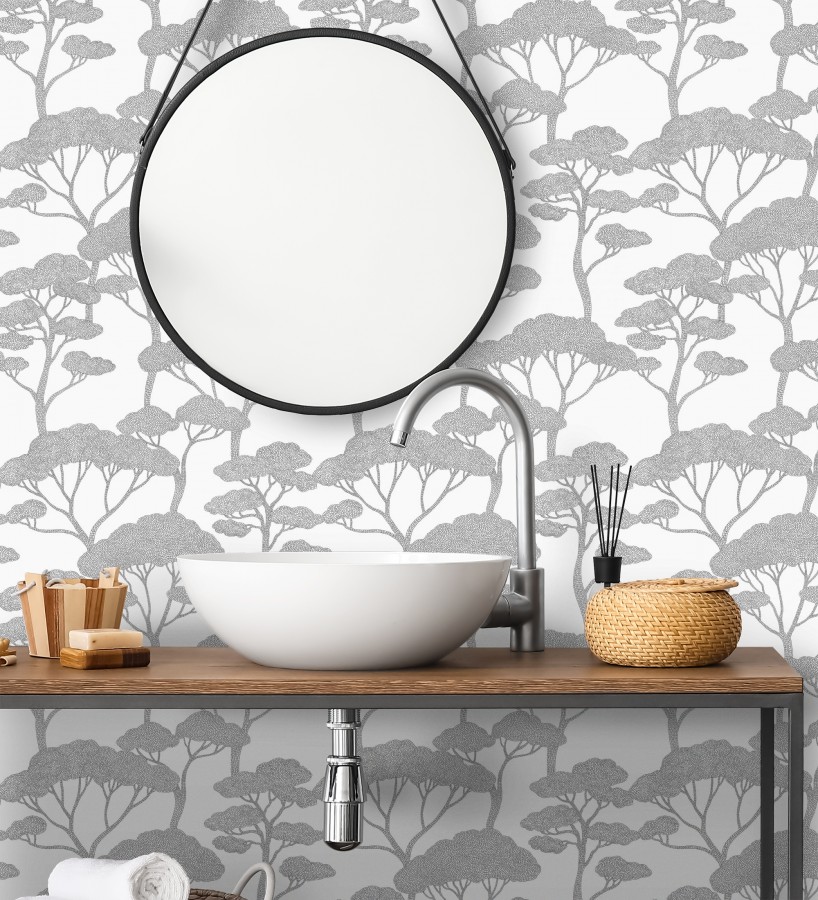 Papel pintado árboles zen negros minimalista fondo blanco  Shimane Bonsai 684588