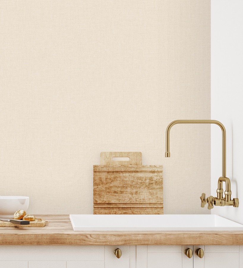 Papel pintado liso tejido de lino trama fina color crema  Batty Plain 684589