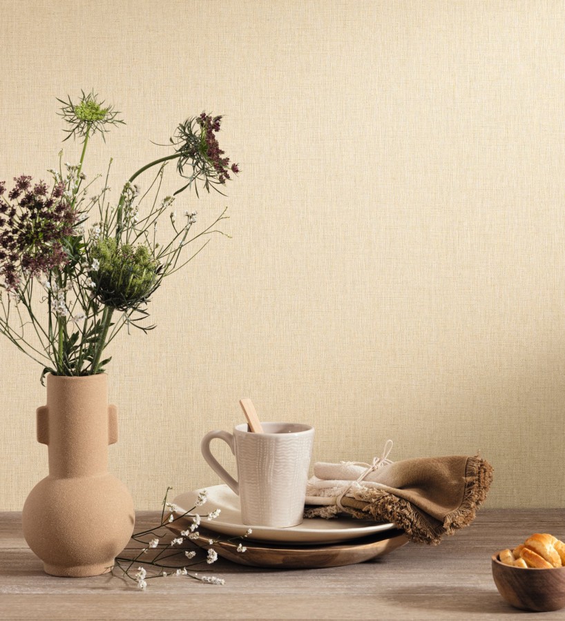 Papel pintado liso tejido de lino trama fina color beige  Batty Plain 684590