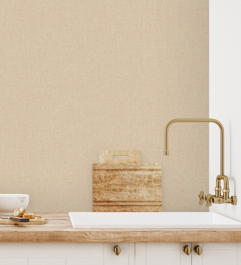Papel pintado liso tejido de lino trama fina color beige  Batty Plain 684590