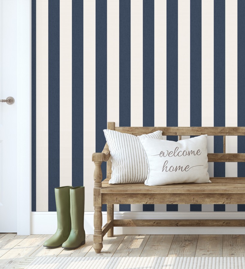 Papel pintado de rayas color azul y blanco imitando al tejido de lino  Garbo Stripes 684593