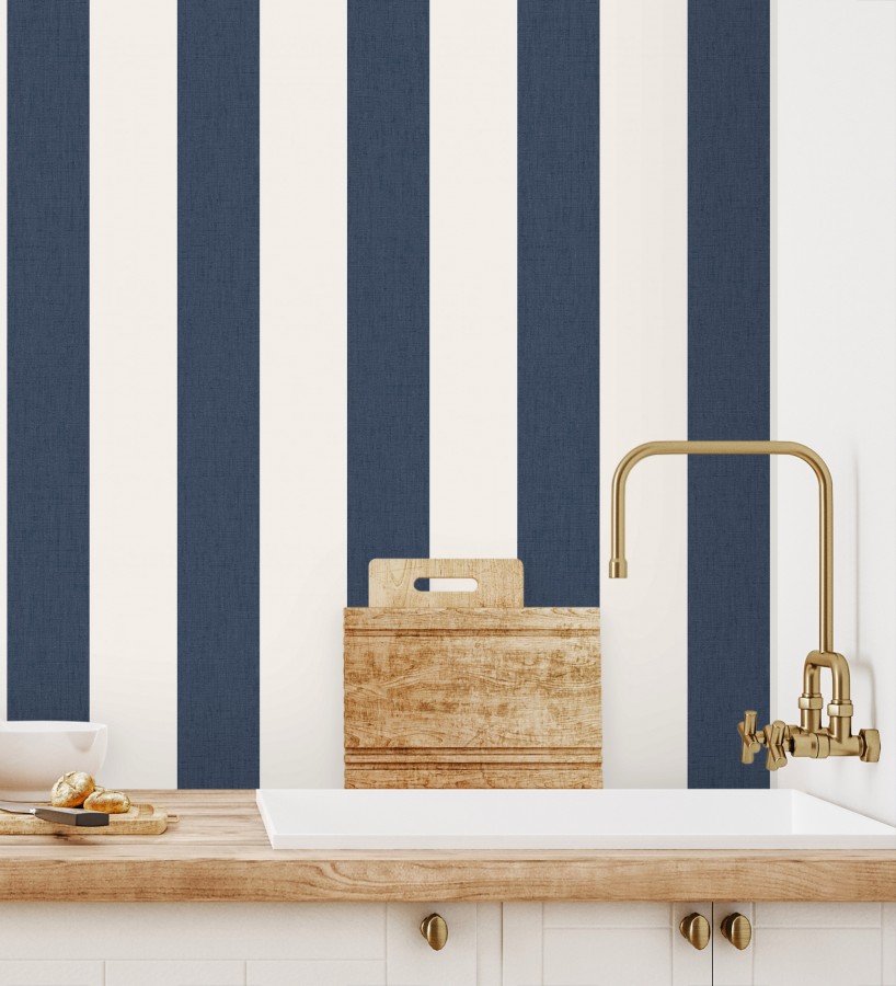 Papel pintado de rayas color azul y blanco imitando al tejido de lino  Garbo Stripes 684593