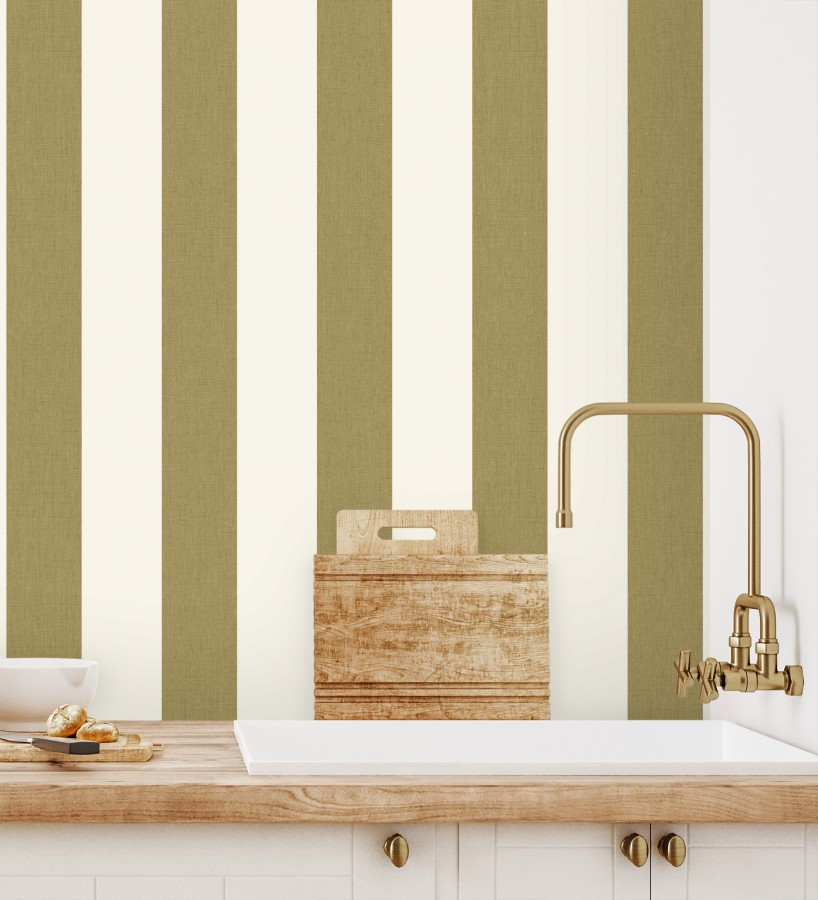 Papel pintado de rayas color verde militar y blanco imitando al tejido de lino  Garbo Stripes 684594