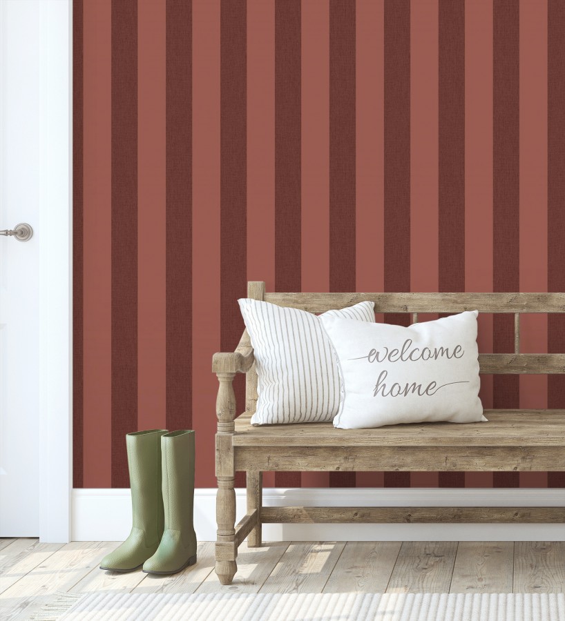 Papel pintado de rayas color burdeos y rojo imitando al tejido de lino  Garbo Stripes 684595