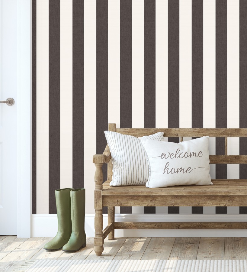 Papel pintado de rayas color gris carbón y blanco imitando al tejido de lino  Garbo Stripes 684596