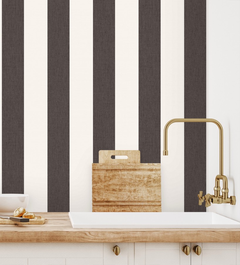 Papel pintado de rayas color gris carbón y blanco imitando al tejido de lino  Garbo Stripes 684596