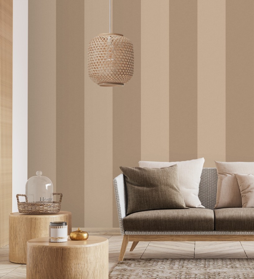 Papel pintado de rayas anchas con textura textil en tonos taupe  Limerick Lofted 684598