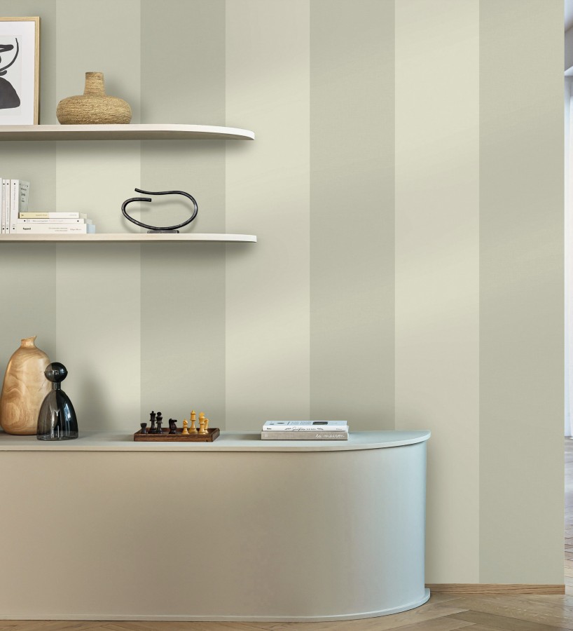 Papel pintado de rayas anchas con textura textil en tonos gris verdoso  Limerick Lofted 684599
