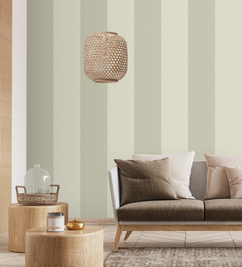 Papel pintado de rayas anchas con textura textil en tonos gris verdoso  Limerick Lofted 684599