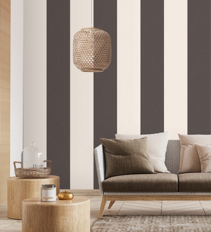 Papel pintado de rayas anchas con textura textil en tonos negro y blanco  Limerick Lofted 684600