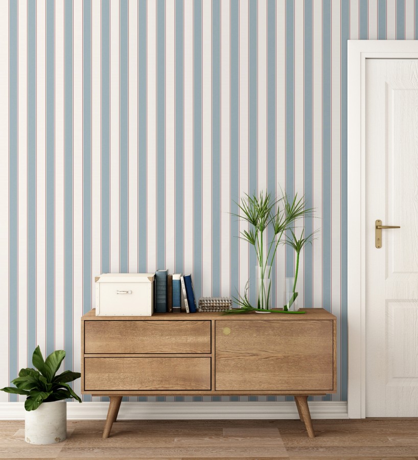 Papel pintado rayas elegantes en tono azul y rojo fondo blanco  Windsor Supreme 684603
