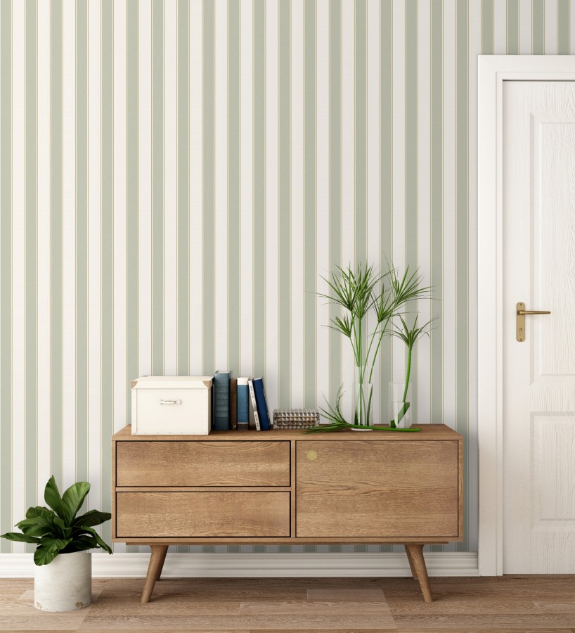 Papel pintado rayas elegantes en tono verde y oro fondo blanco  Windsor Supreme 684605