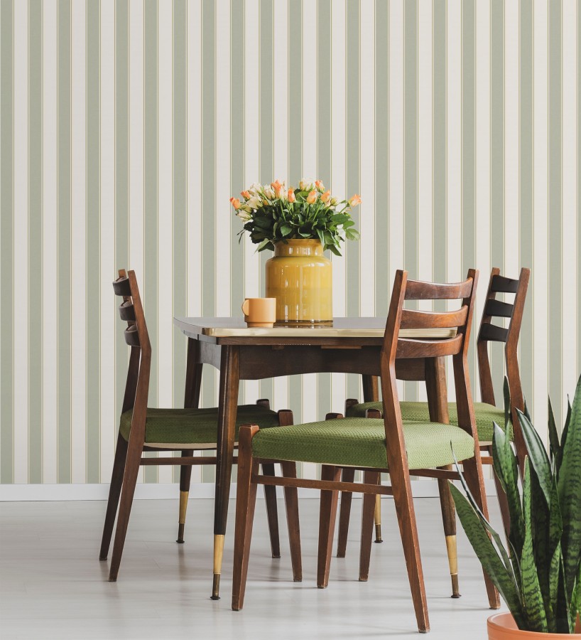 Papel pintado rayas elegantes en tono verde y oro fondo blanco  Windsor Supreme 684605