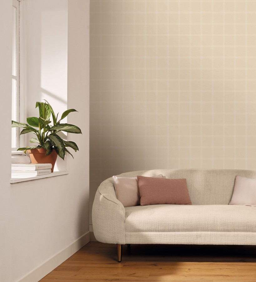 Papel pintado cuadros beige textura lino sutil  Wellington Grid 684612