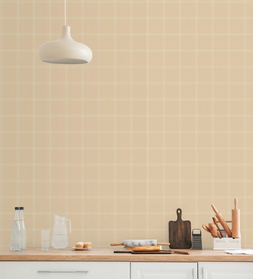 Papel pintado cuadros beige textura lino sutil  Wellington Grid 684612