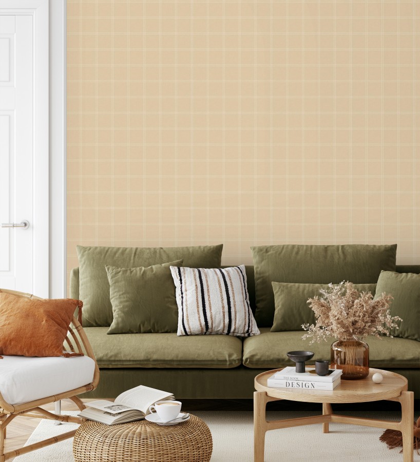 Papel pintado cuadros beige textura lino sutil  Wellington Grid 684612