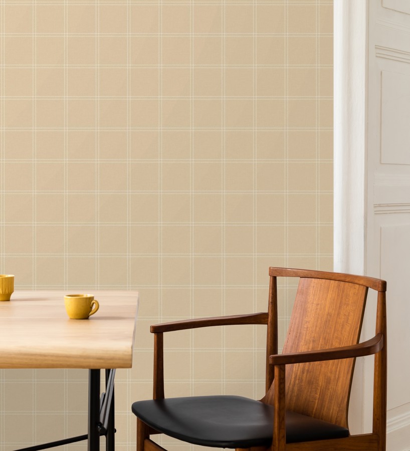 Papel pintado cuadros beige textura lino sutil  Wellington Grid 684612