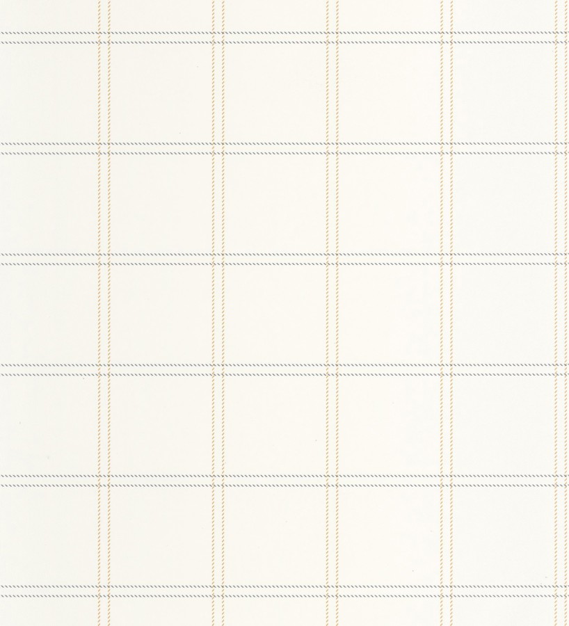 Papel pintado cuadros azul y ocre textura lino sutil fondo blanco roto  Wellington Grid 684613