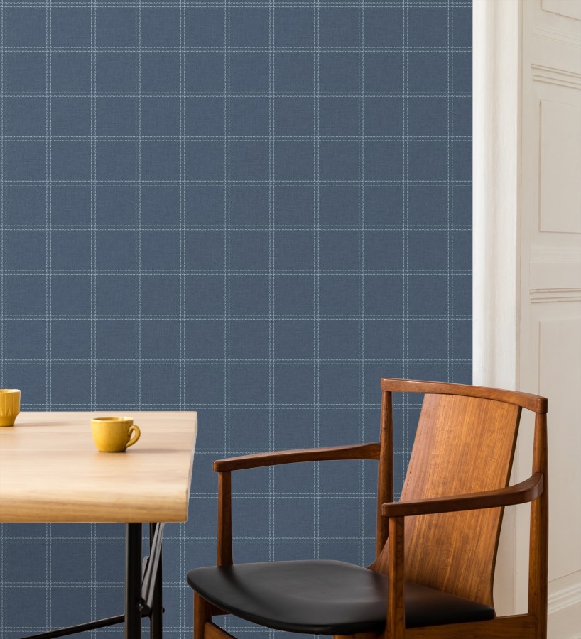 Papel pintado cuadros azul mediterráneo textura lino sutil  Wellington Grid 684614