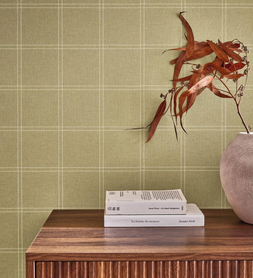 Papel pintado cuadros verde oliva textura lino sutil  Wellington Grid 684615