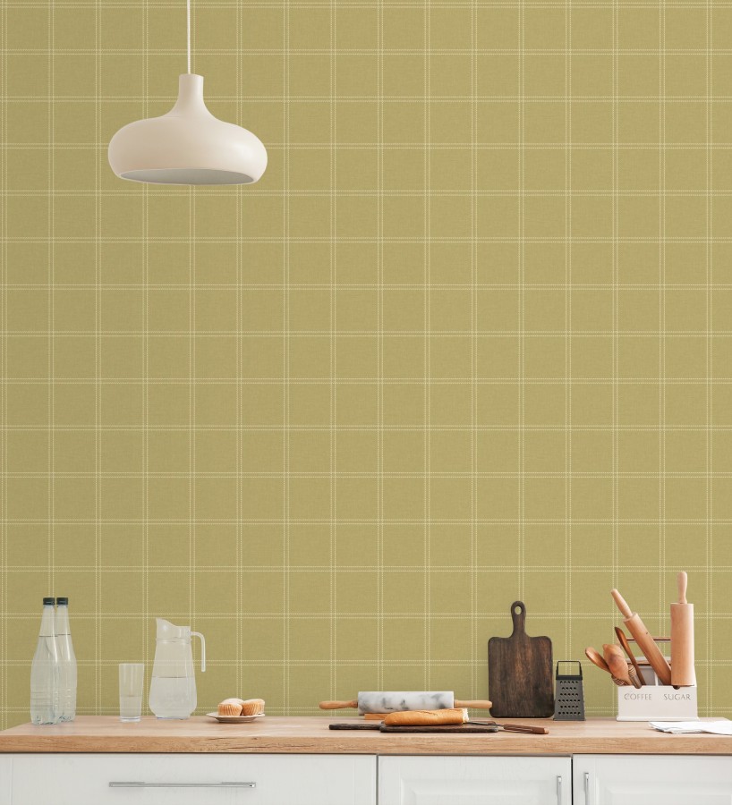 Papel pintado cuadros verde oliva textura lino sutil  Wellington Grid 684615