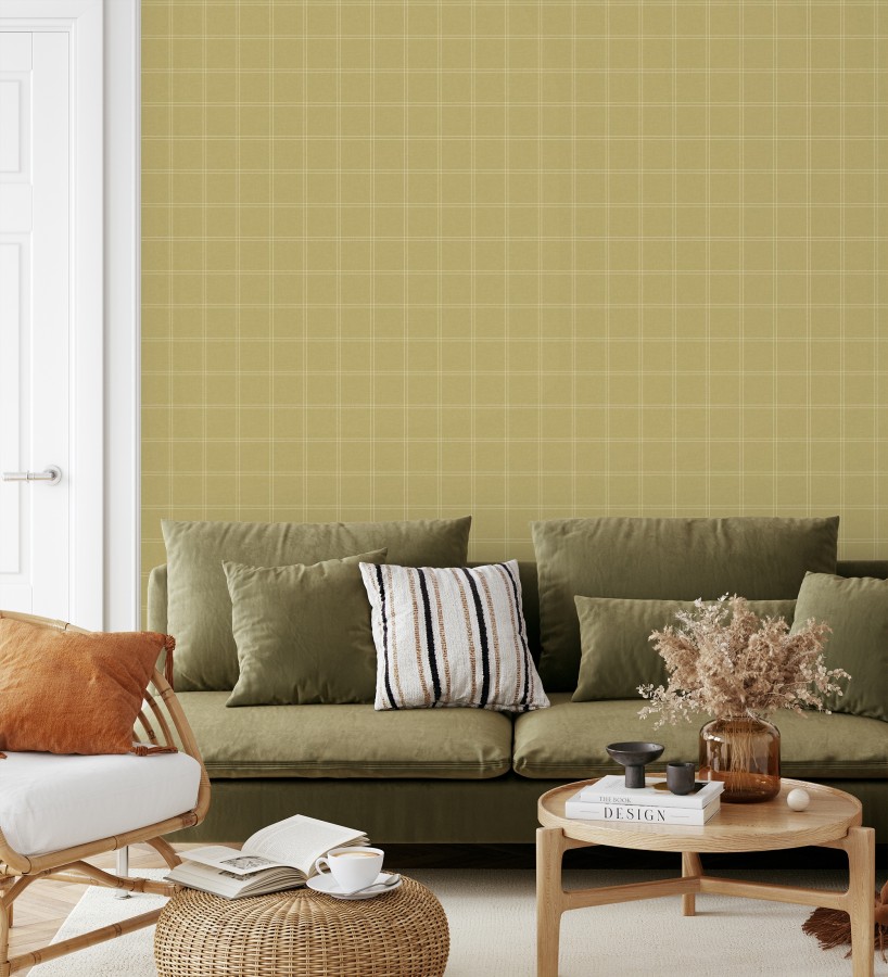 Papel pintado cuadros verde oliva textura lino sutil  Wellington Grid 684615