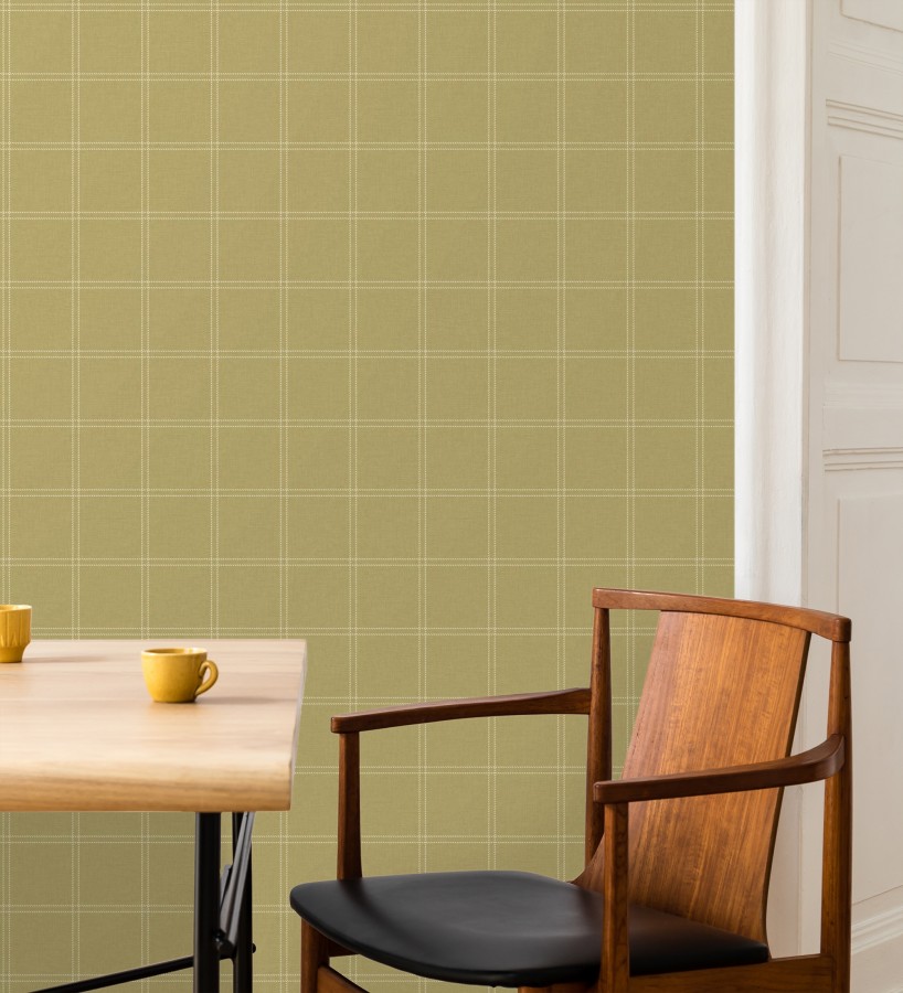 Papel pintado cuadros verde oliva textura lino sutil  Wellington Grid 684615