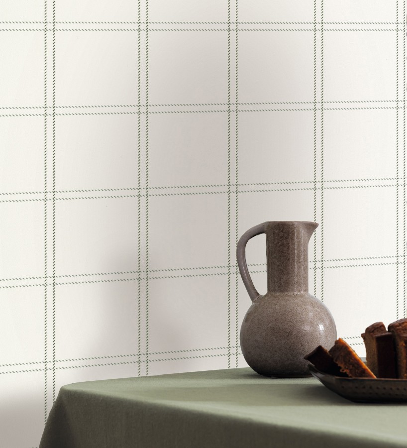 Papel pintado cuadros verdes textura lino sutil fondo blanco  Wellington Grid 684616