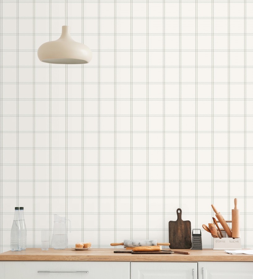 Papel pintado cuadros verdes textura lino sutil fondo blanco  Wellington Grid 684616