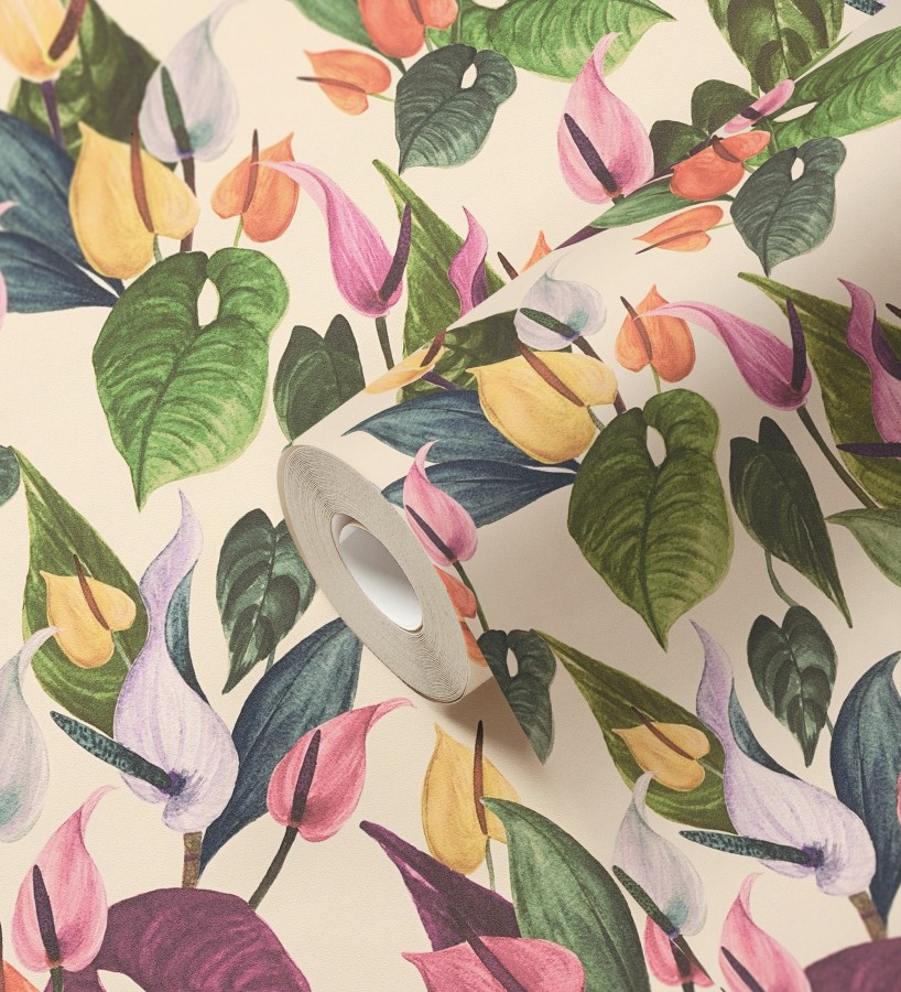Papel pintado flores de anturio exóticas fondo crema  Panama Vibe 684619