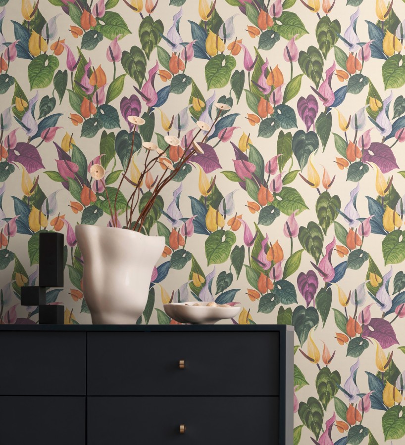Papel pintado flores de anturio exóticas fondo crema  Panama Vibe 684619